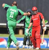 Trent Johnston celebrates one of his five wickets as he sets up Irelands crushing win in the ICC World Cup Qualifers final © Gallo Images