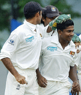 Rangana Herath celebrates with his teammates the dismissal of Shivnarine Chanderpaul as Sri Lanka won the series 2-0 © Getty Images