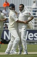 Richard Johnson celebrates taking Mark Vermeulen's wicket with his third ball in Test cricket © Getty Images