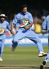 Irfan Pathan leaps for joy as England lose another wicket at Lord's © Getty Images